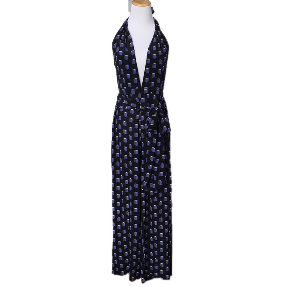 EVARAE Sora Navy Blue Abstract Silk Halter Plunging Neckline Jumpsuit